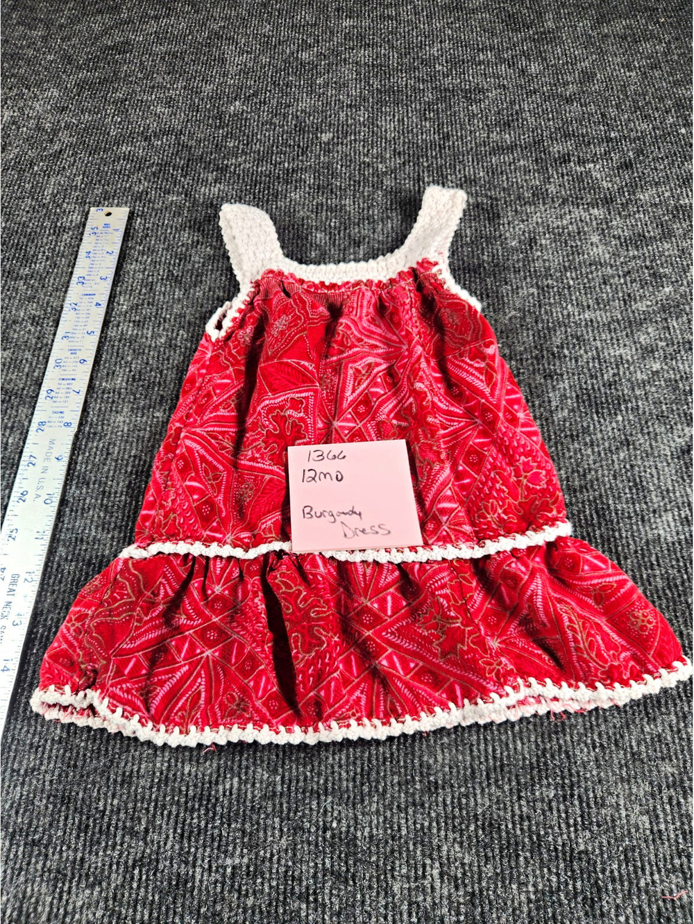 Girls Burgundy/White Sundress 9-12M Geometric Square Neck Strappy Crochet Trim